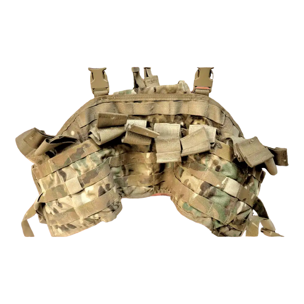 Multi-cam tactical assault panel by OneThiefSurplus featuring MOLLE webbing and adjustable straps for military gear.
