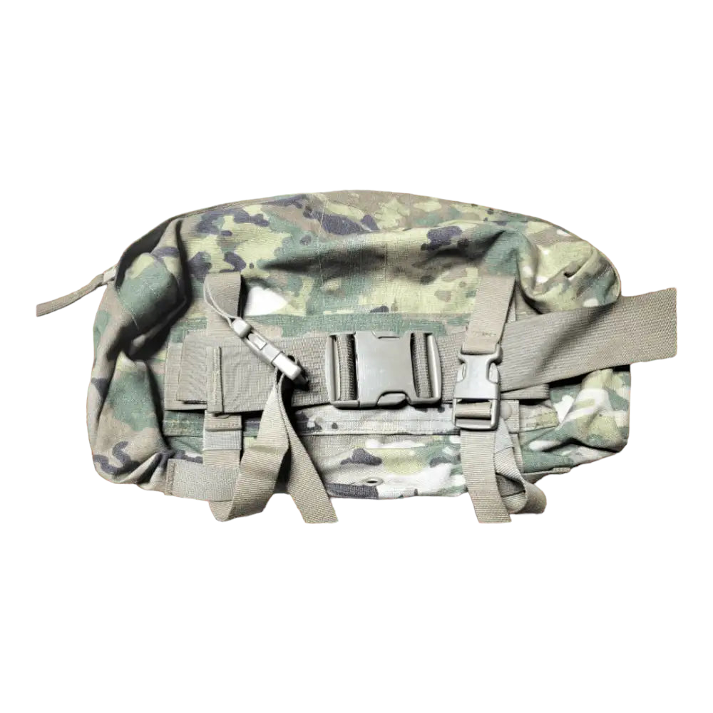 Onewithsurplus Molle II Waist Pack in Multicam camouflage for camping and hiking, featuring multiple compartments and adjustable straps.