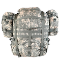 Universal camouflage pattern UCP Army Issue MOLLE II large rucksack, tactical military backpack with multiple compartments.