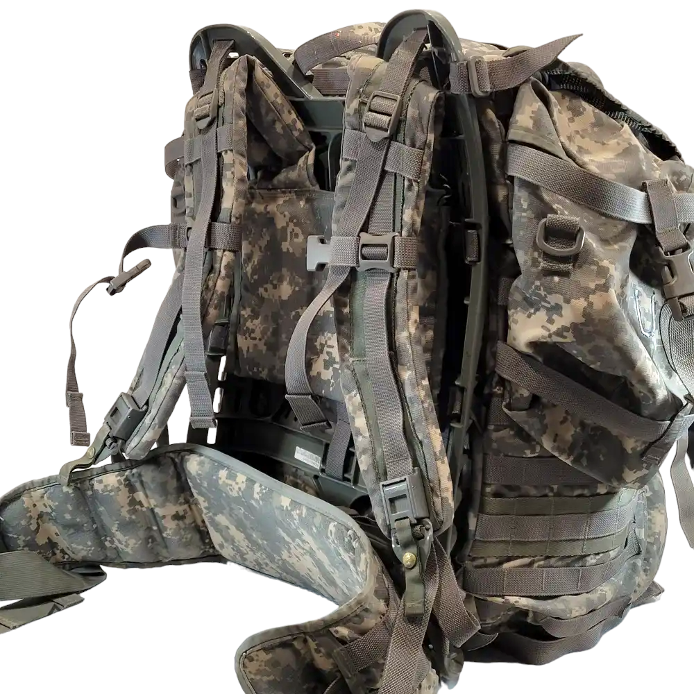 Universal camouflage pattern UCP Army Issue MOLLE II large rucksack with multiple straps and compartments, designed for tactical use.