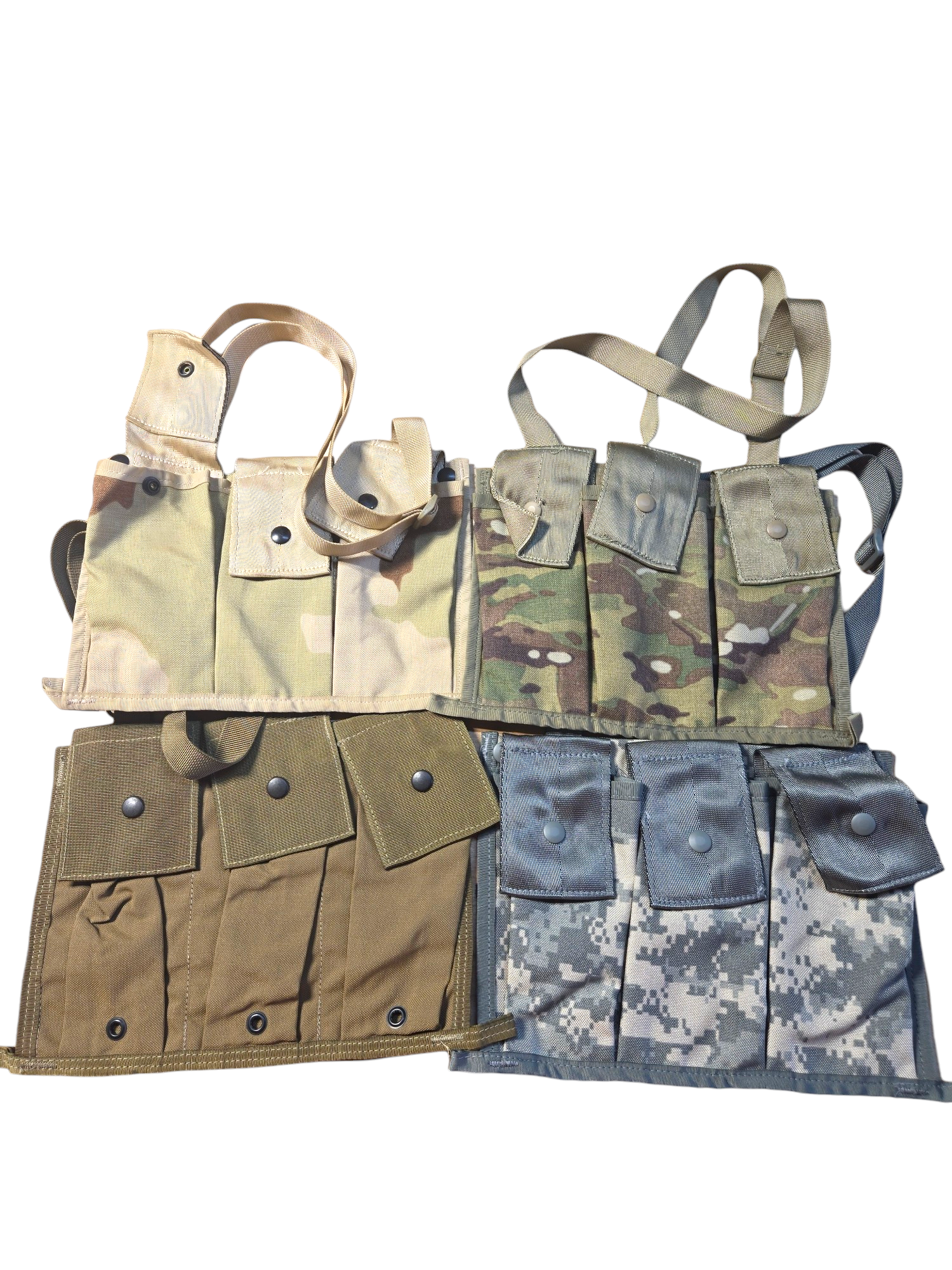 USGI Bandoleer in various camouflage patterns, military-style ammo holder with multiple pouches, onethiefsurplus brand.
