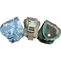 USGI M67 pouch for camping and hiking, shown in various camouflage patterns, durable military-style storage accessory.