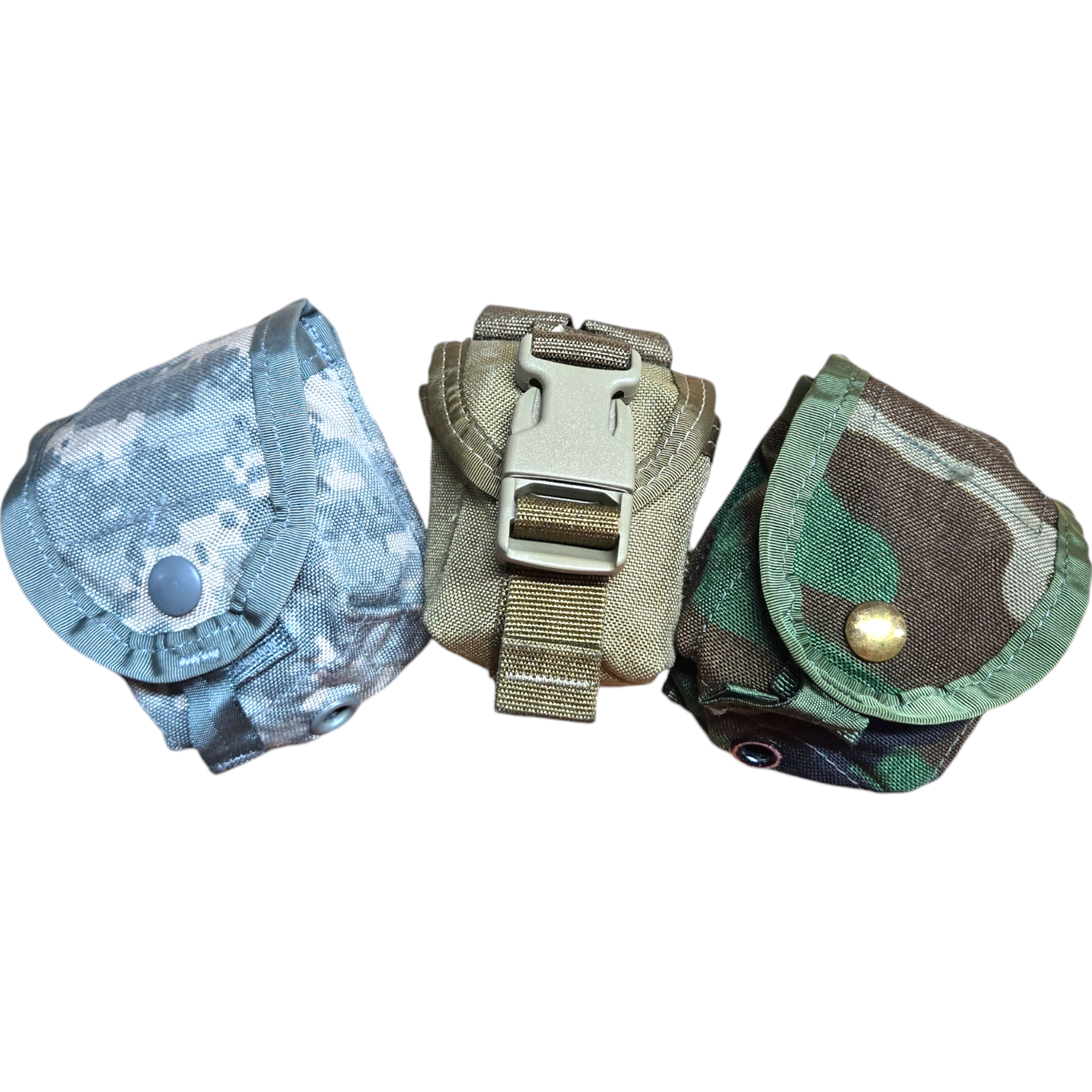 USGI M67 pouch for camping and hiking, shown in various camouflage patterns, durable military-style storage accessory.