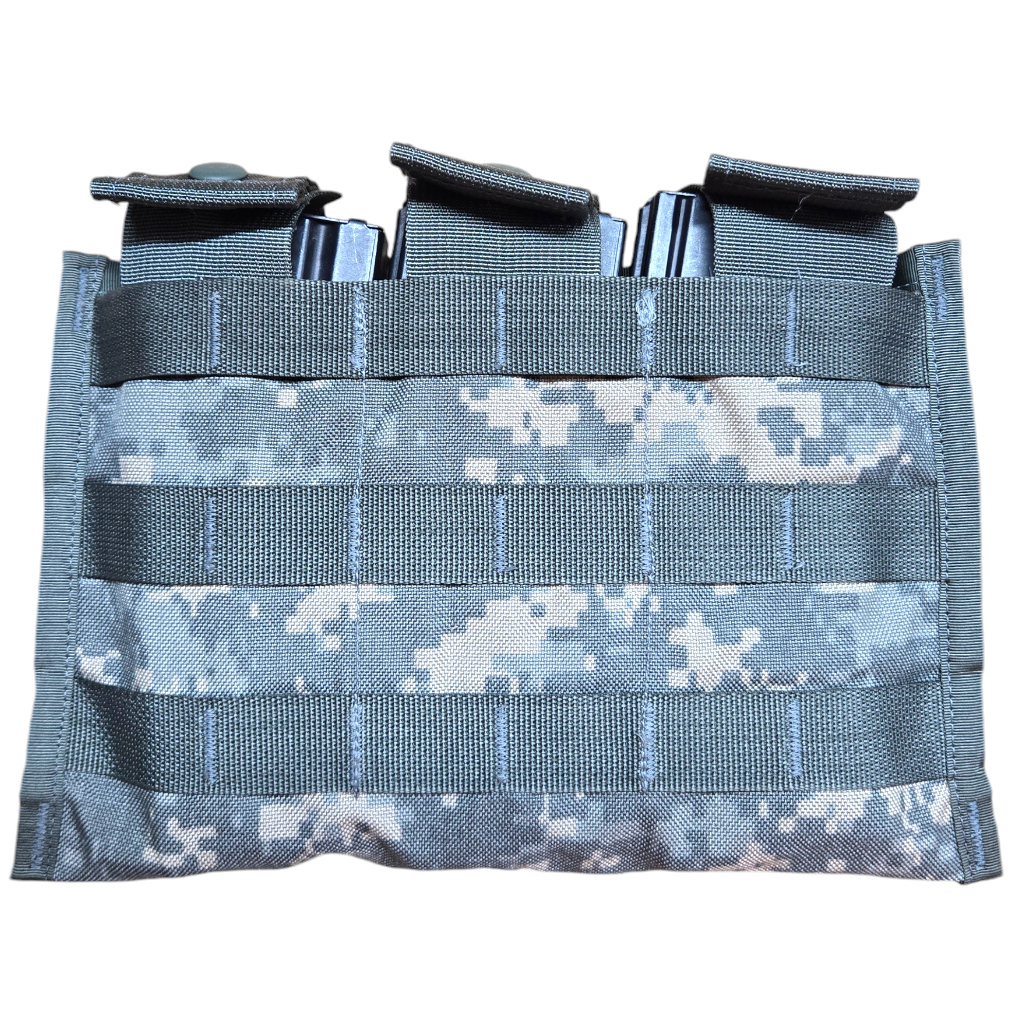 Onethiefsurplus USGI triple magazine carrier holding three rifle magazines, durable nylon tactical gear.