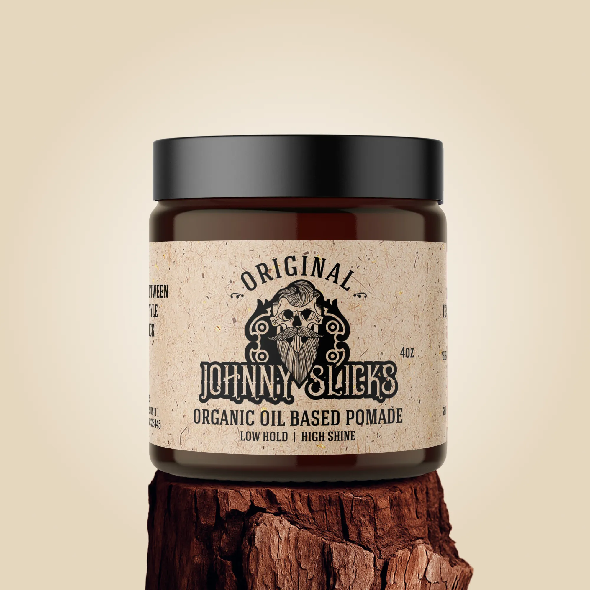 Organic oil-based pomade by Johnny Slicks in a jar, showcasing its smooth, shiny consistency and natural ingredients.