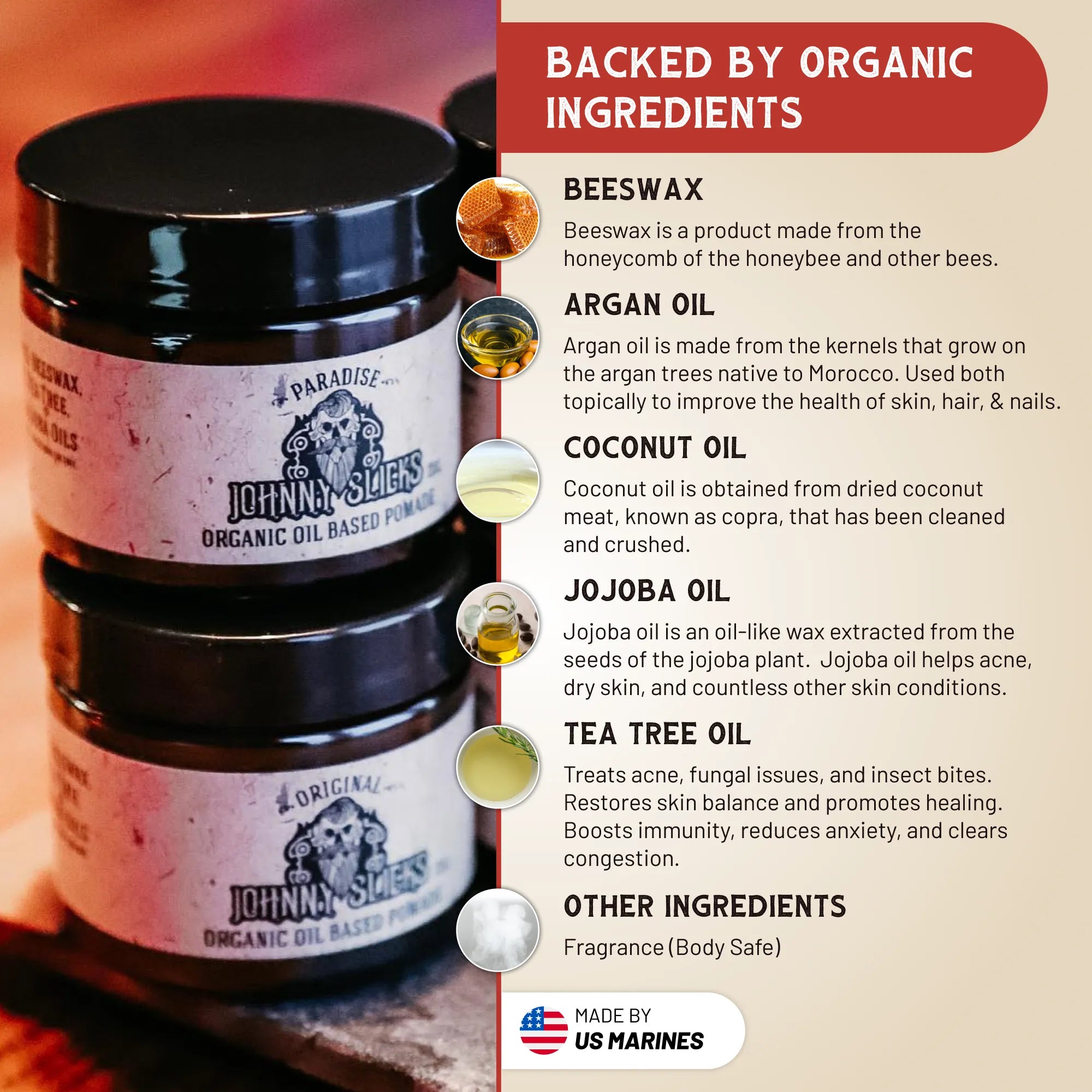 Organic oil-based Johnny Slicks pomade jar with a black lid and label, showing the product inside.