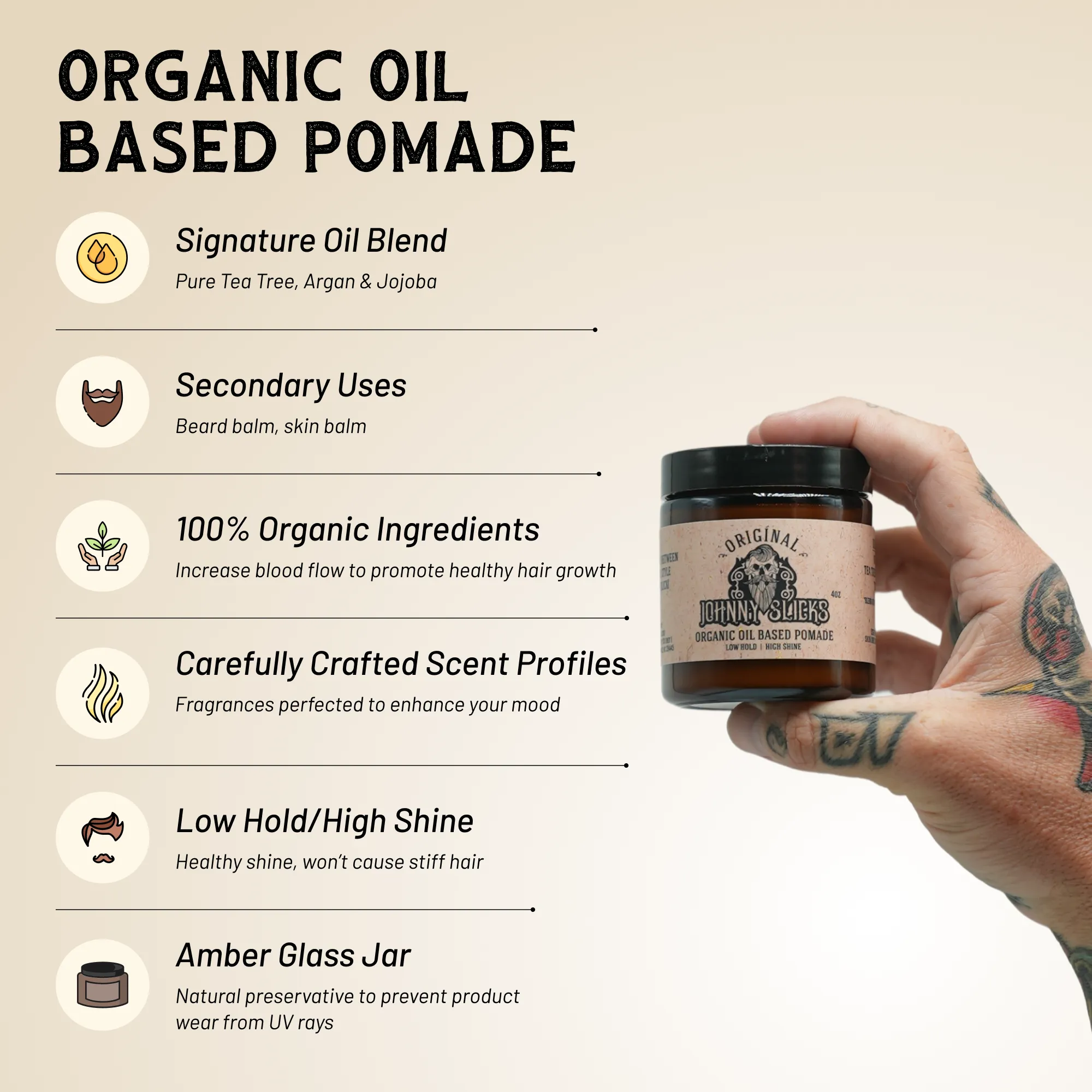 Organic oil-based pomade by Johnny Slicks, showing a sleek jar with product label and a smooth, shiny hair finish.
