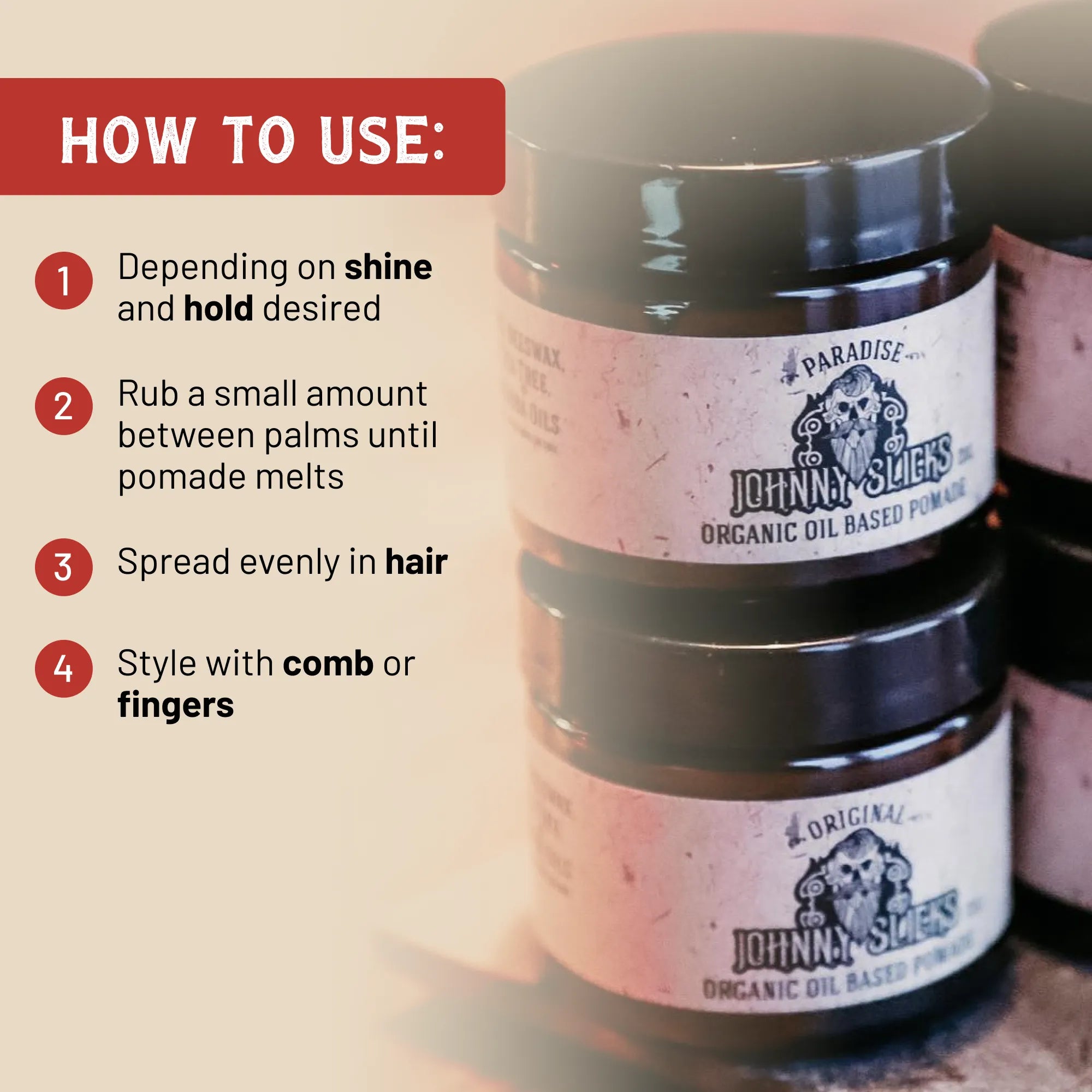 Organic oil-based pomade by Johnny Slicks, showing a jar of hair pomade with a natural, glossy finish and fresh ingredients.
