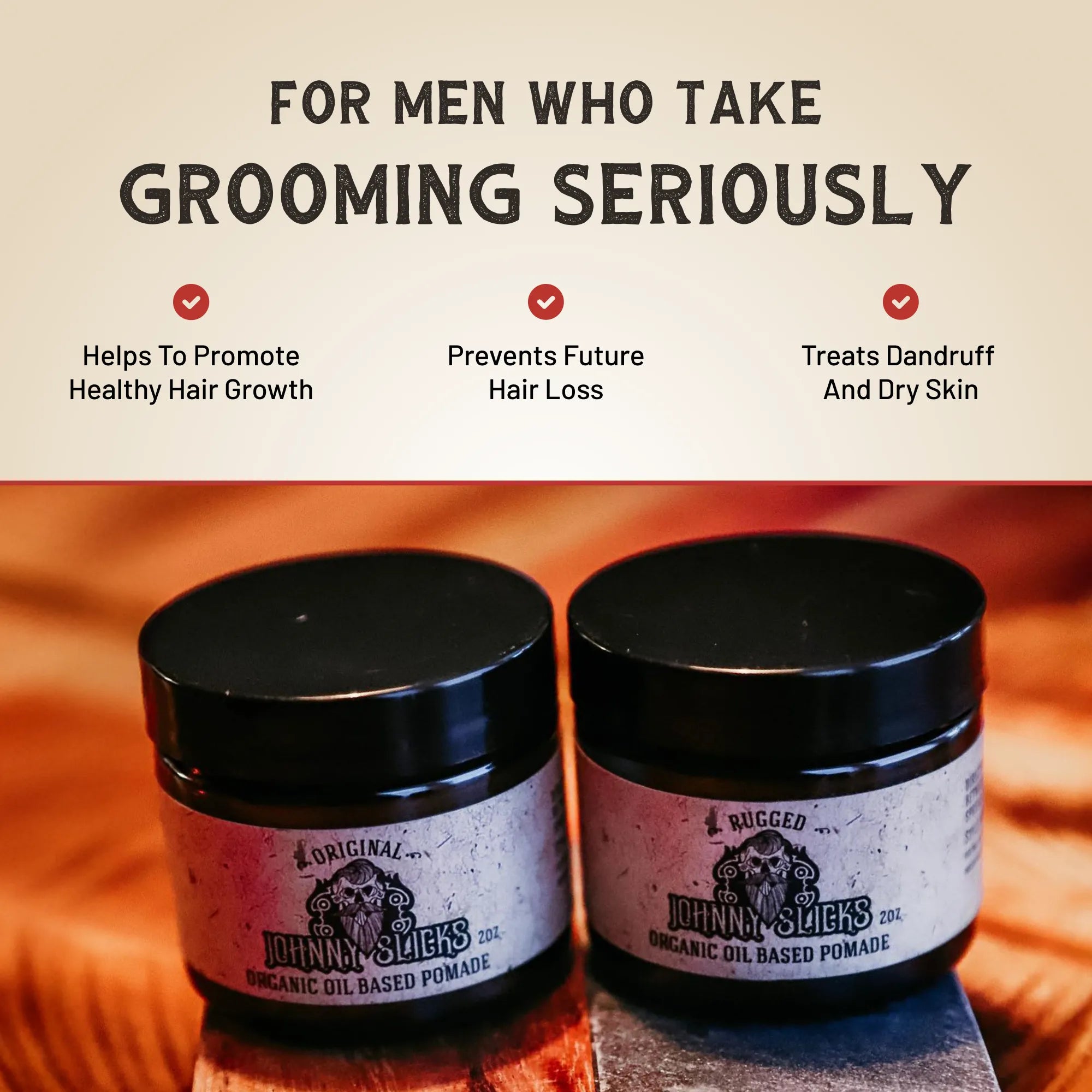 Organic oil-based pomade by Johnny Slicks, showing the jar with a smooth, shiny finish and natural styling ingredients.