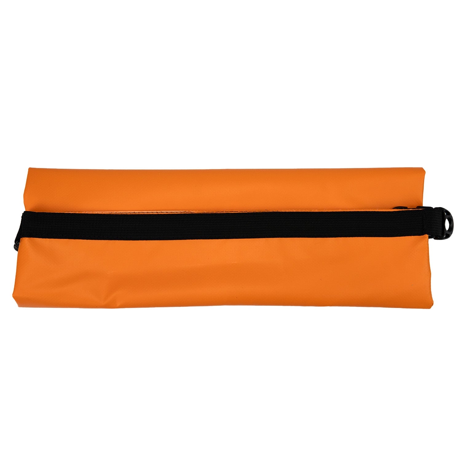 Bright orange waterproof dry bag with roll-top closure and buckle, designed for outdoor activities and water protection.
