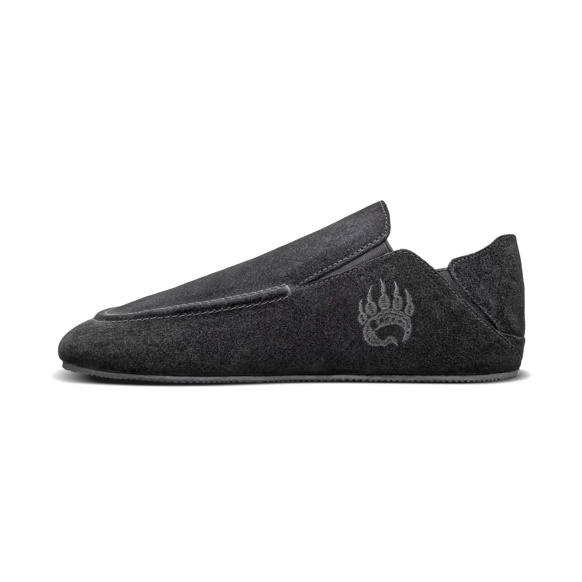 Black Bearfoot Oso SG1 shoe with suede upper, slip-on design, suitable for men and women, stylish and comfortable footwear.