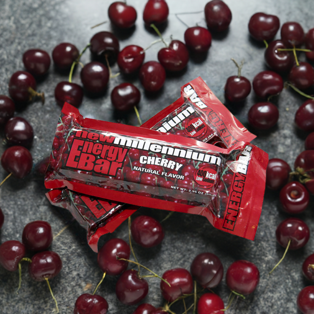 Six cherry-flavored Millennium Cherry Energy Bars from QuakeKits, 400 calories each, in a pack for emergency food supply.