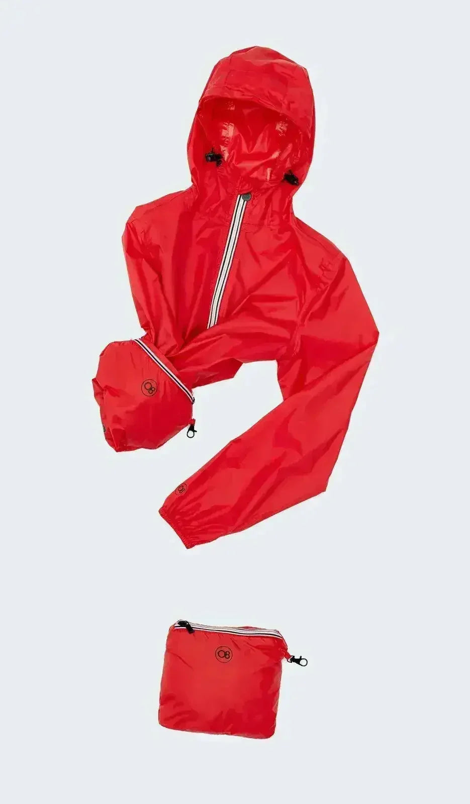 White Femstylo packable rain jacket and windbreaker with quarter zip, shown folded and ready to wear.