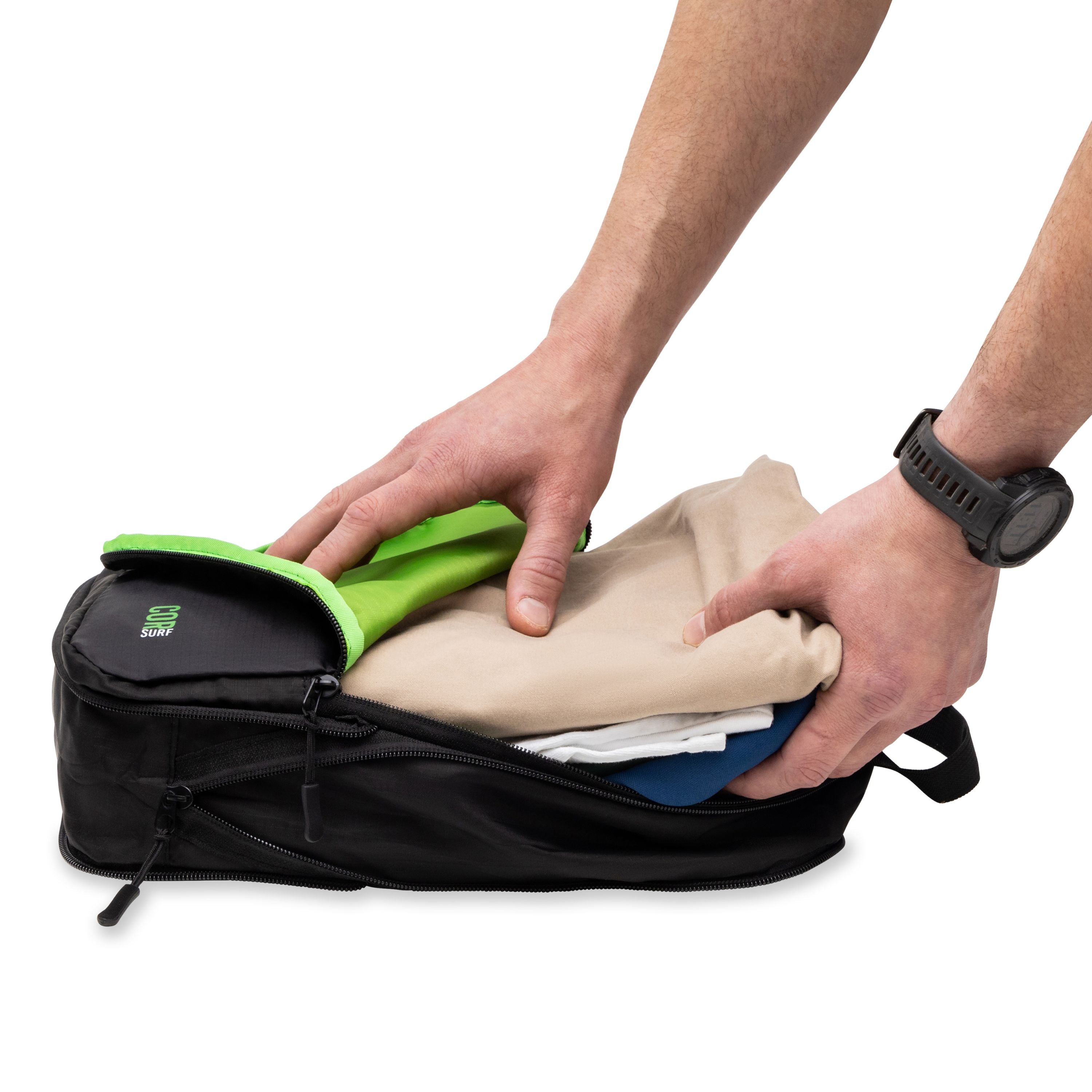 COR Surf travel bundle gift box with a compression packing cube and travel bag for organized packing on trips.
