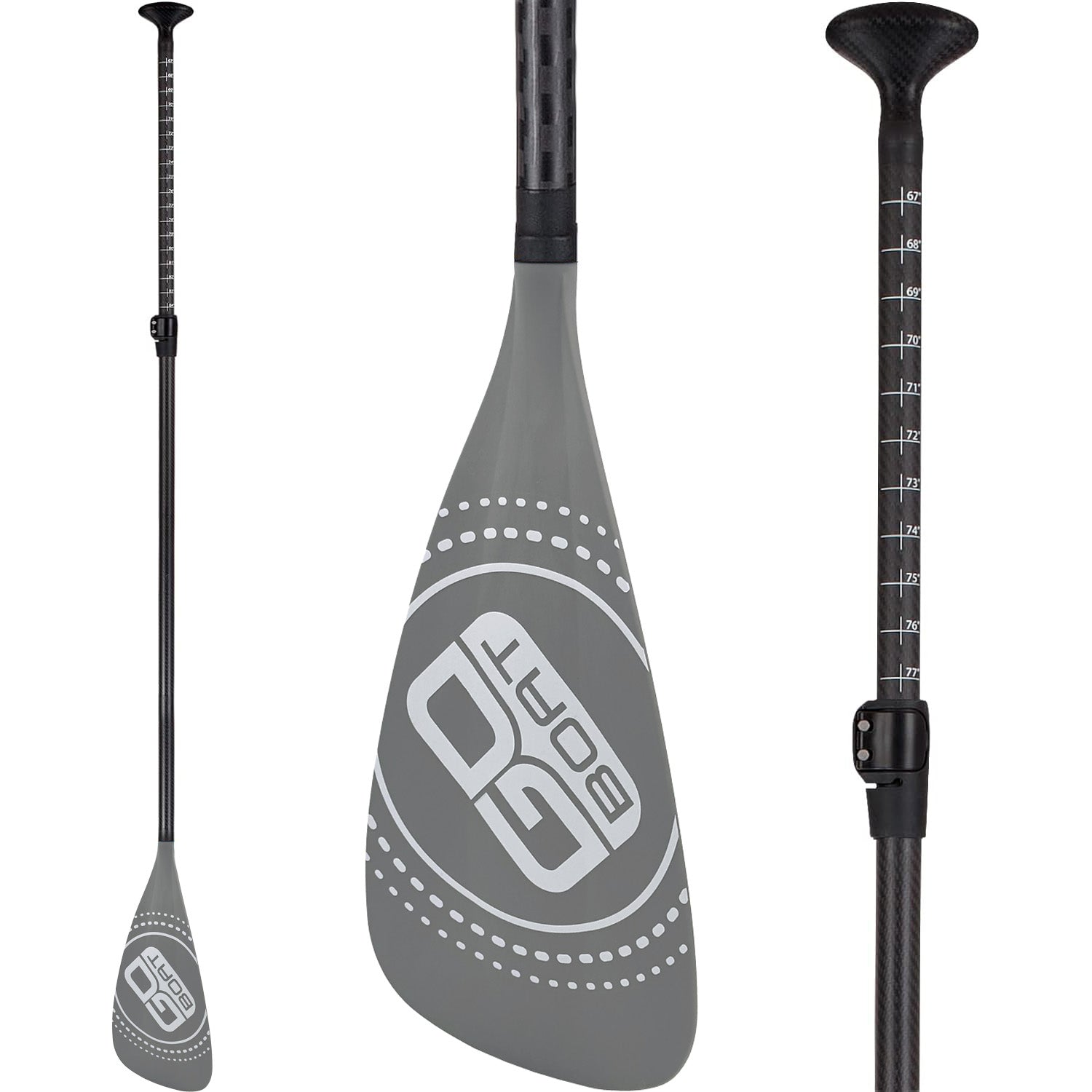 Three GoBoat oars with wooden handles and blades, arranged for use on a small boat or canoe.