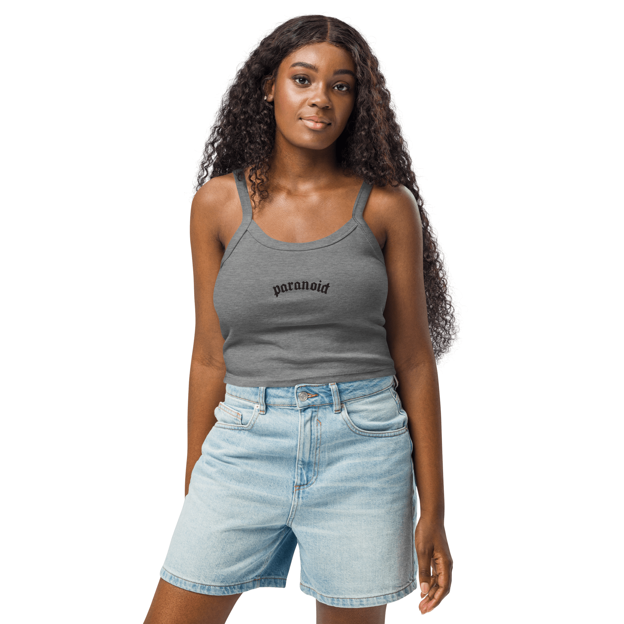 Paranoid Embroidered Ribbed Cropped Tank Top