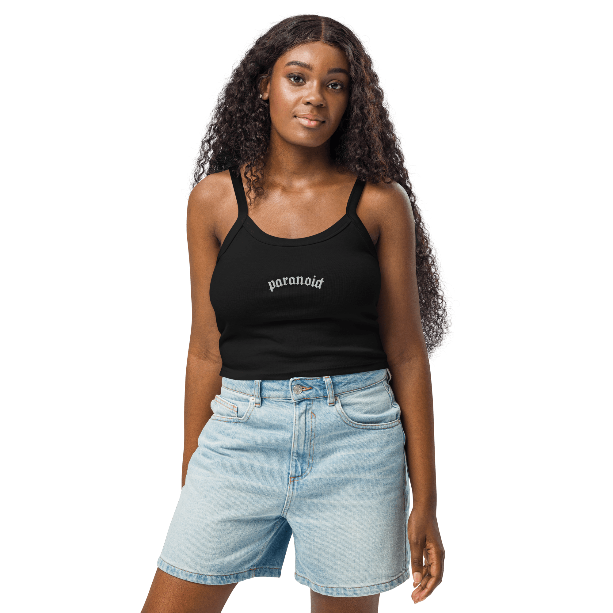 Paranoid Embroidered Ribbed Cropped Tank Top