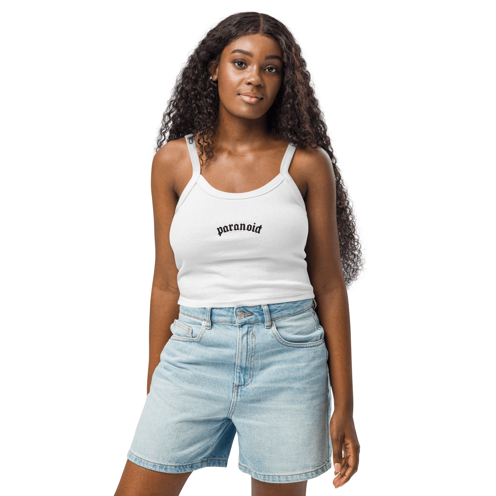 Paranoid Embroidered Ribbed Cropped Tank Top