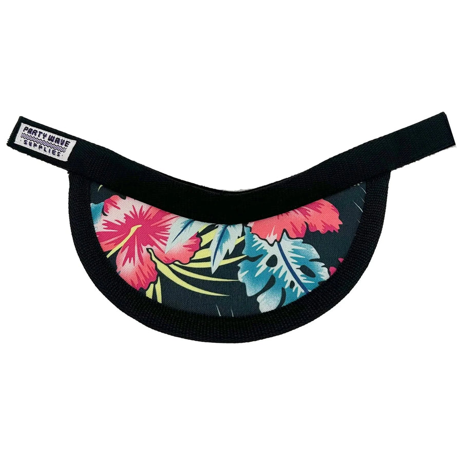 A black fabric swim cap with a vibrant tropical floral print in pink, blue, and green, featuring a black elastic strap and a white brand label that reads 'PARTY MANI SWIMSTYLES'.
