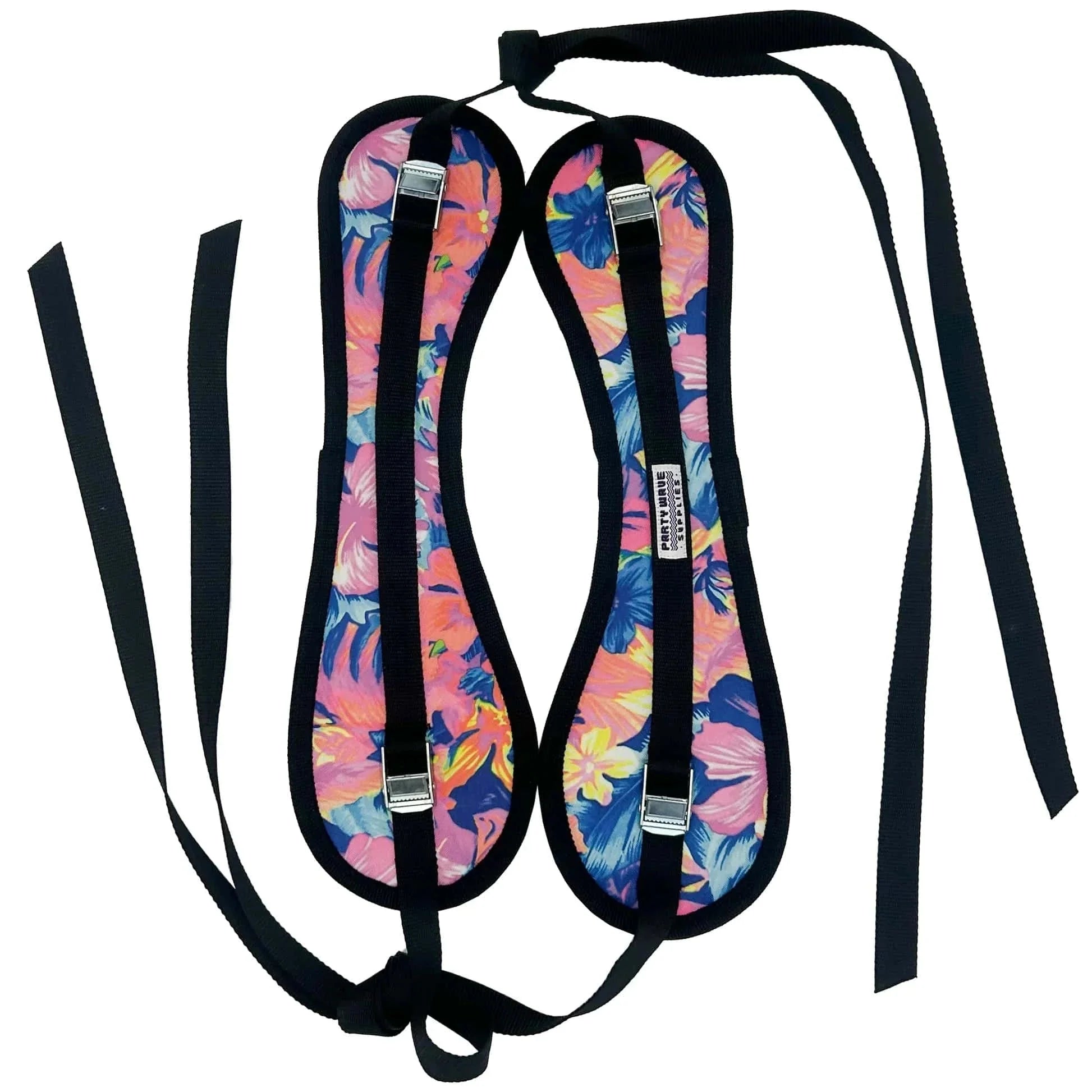A pair of floral-patterned shoulder harness straps with black adjustable straps and silver metal buckles, shown on a plain white background.