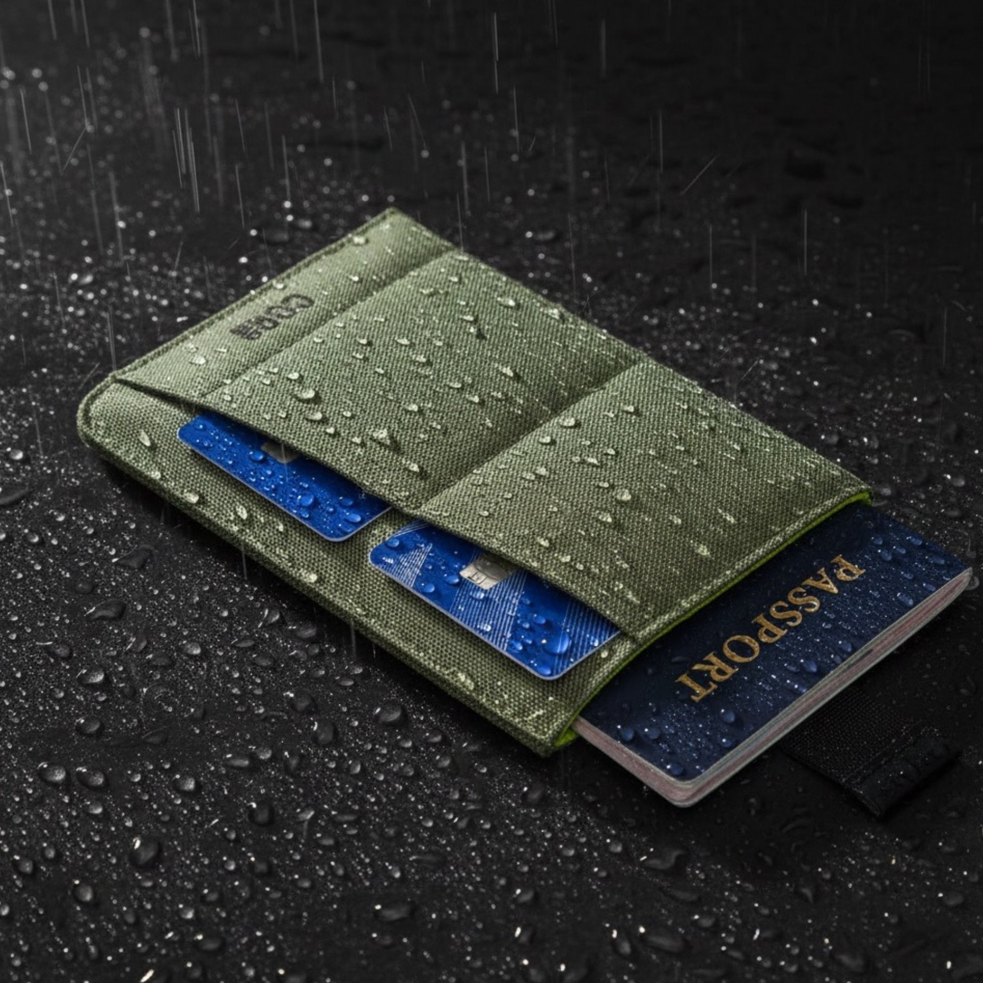 Green RFID passport sleeve and travel wallet from COR Surf's Spring Break Travel Bundle, designed for secure travel accessories.