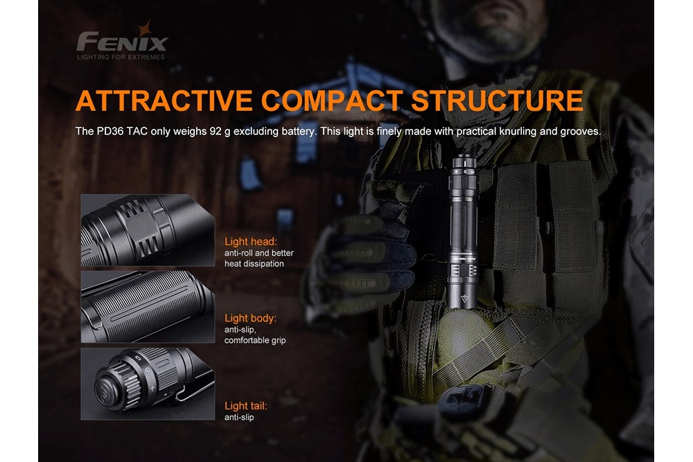 Fenix PD36 TAC tactical flashlight showcasing a compact design with 3000 lumens brightness on a dark background.