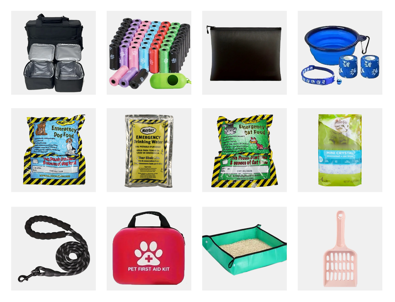Contents of the Safe Pet Kit by Entropy Survival, including emergency supplies for pets in disaster situations.
