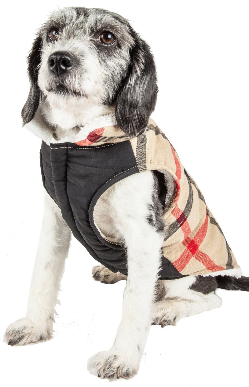 Plaid insulated dog jacket by Pet Life, featuring a classic design for warmth and style in cold weather.