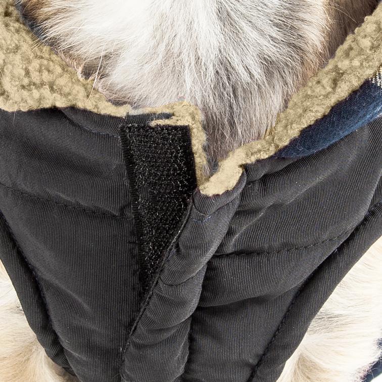 Plaid insulated dog jacket by Pet Life, featuring a classic design for fashionable warmth in chilly weather.