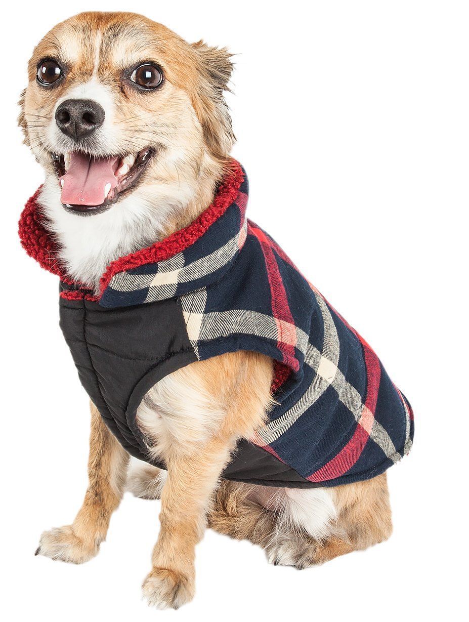 Pet Life 'Allegiance' insulated plaid dog jacket, featuring a stylish design and warm fabric for cold weather protection.