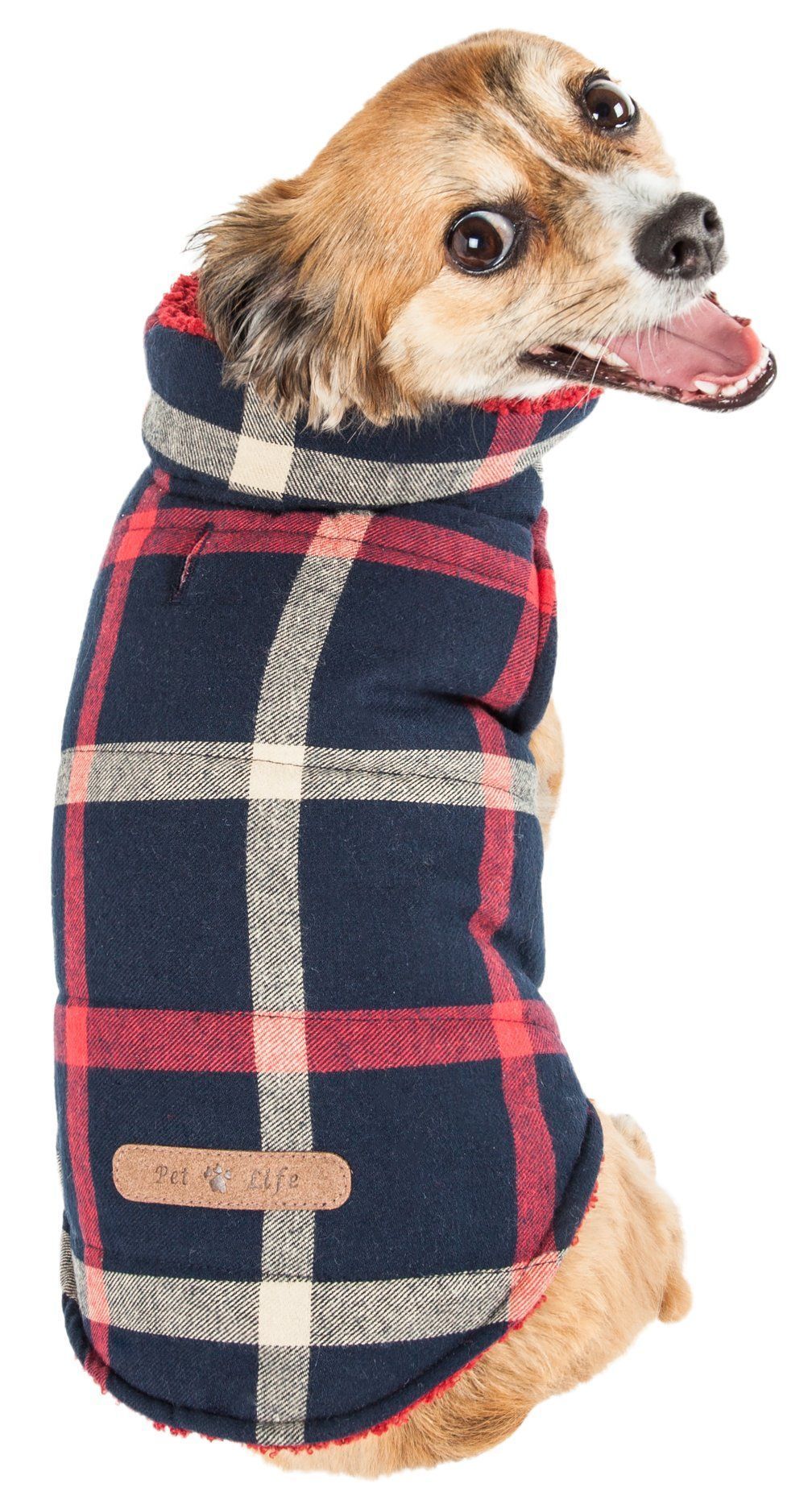 Plaid insulated dog jacket from Pet Life, featuring a stylish design for fashionable pets in cold weather.