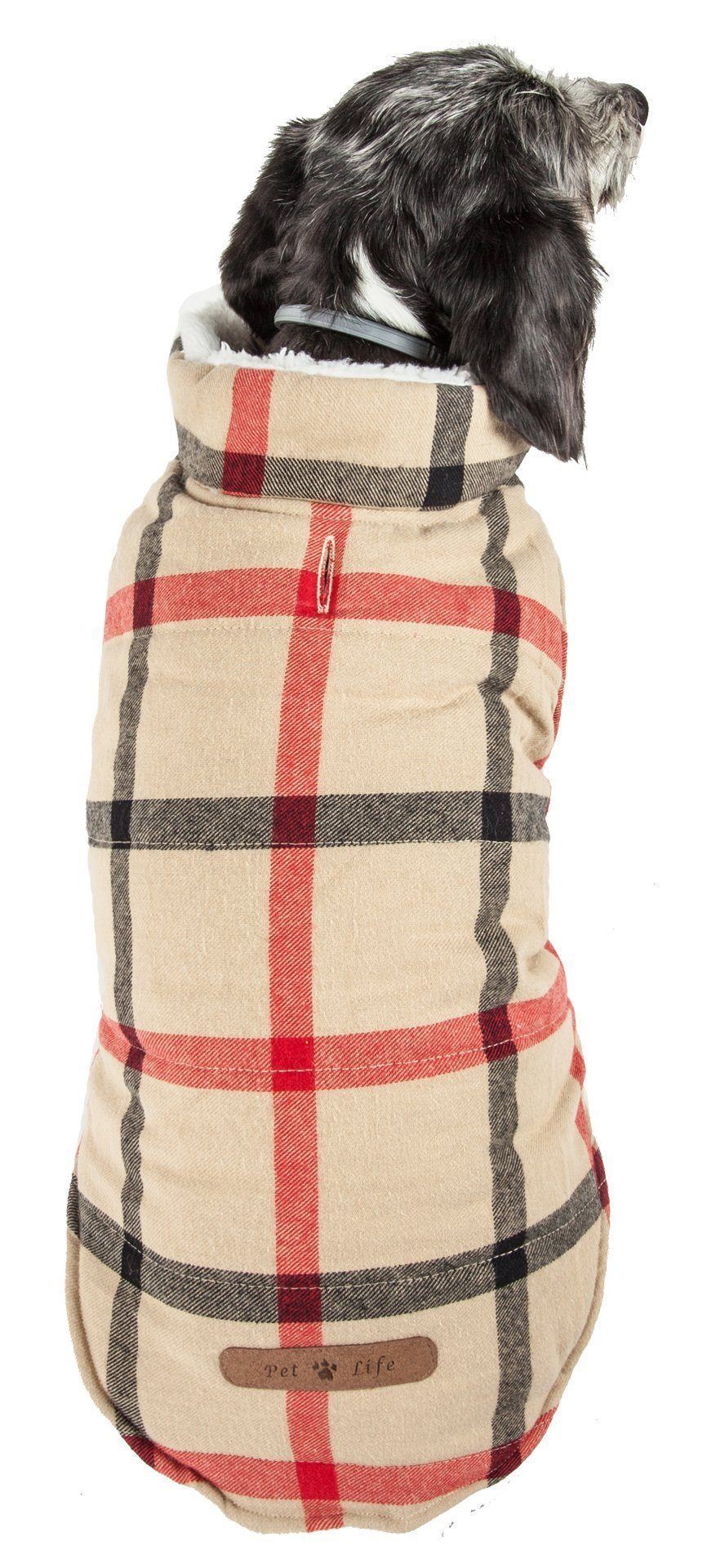 Plaid insulated dog jacket by Pet Life, featuring a classic design for stylish warmth on chilly days.