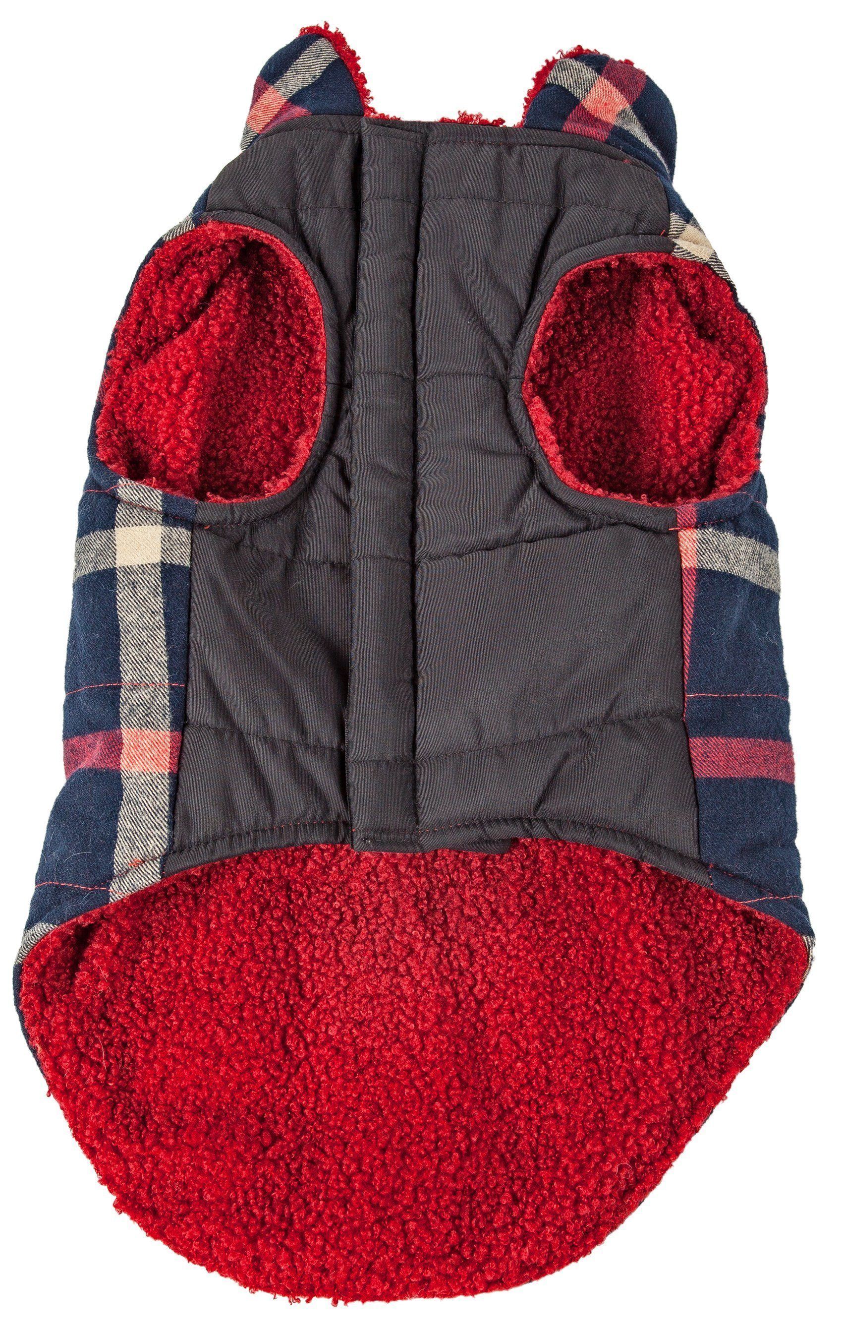 Plaid insulated dog jacket by Pet Life, featuring a classic design for stylish warmth and comfort for pets.