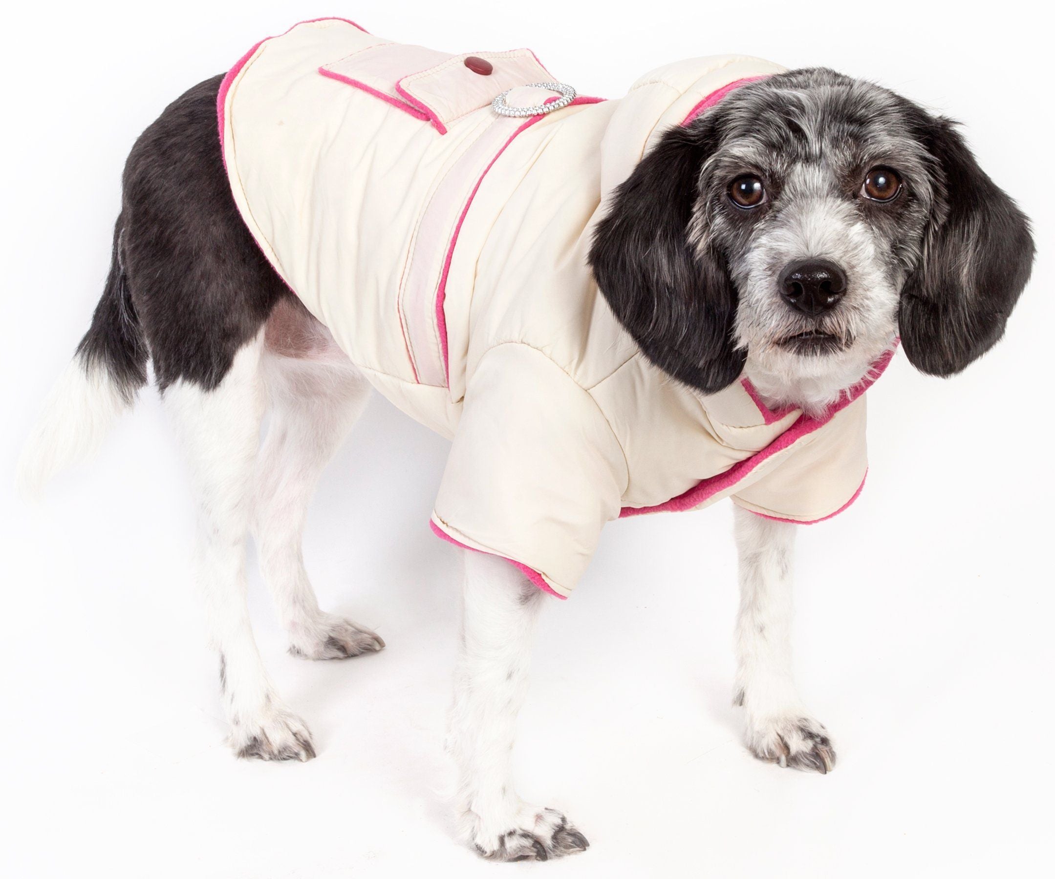 Pet Life dual-toned insulated diamond-jeweled pet dog jacket showing a stylish, warm apparel with 3M insulation and decorative jewels.