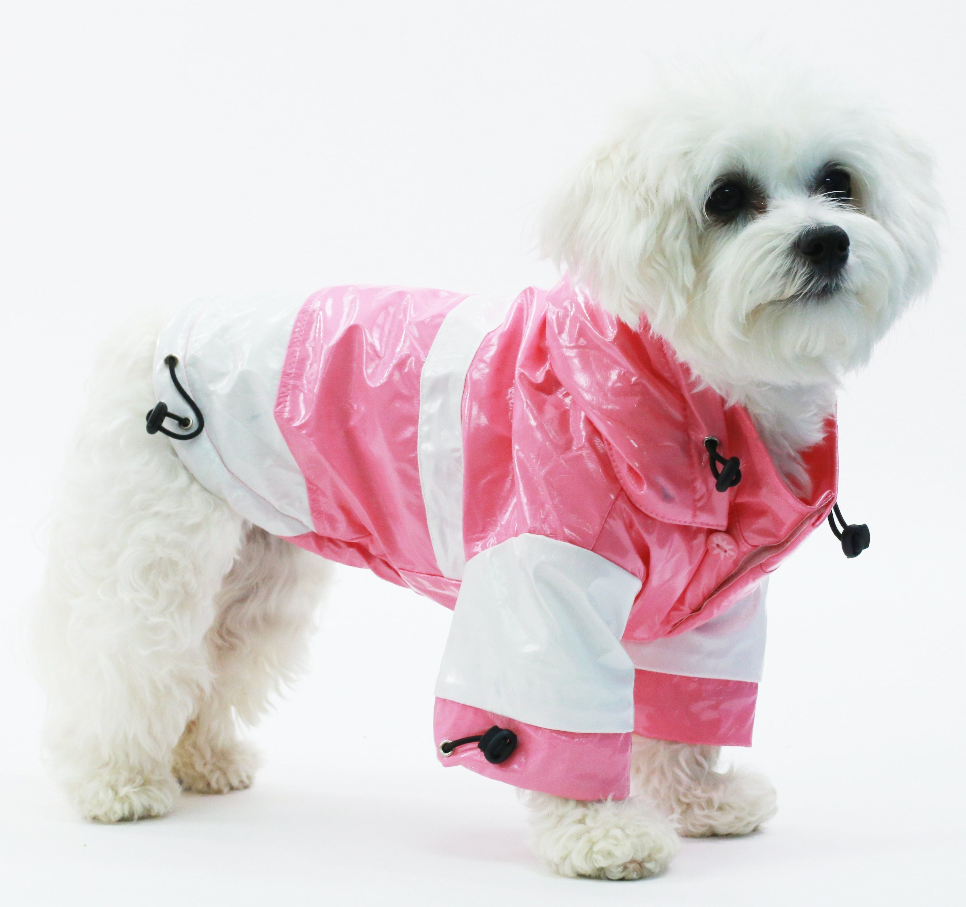 Pet Life waterproof two-tone adjustable dog raincoat with removable hood, designed for outdoor protection in wet weather.