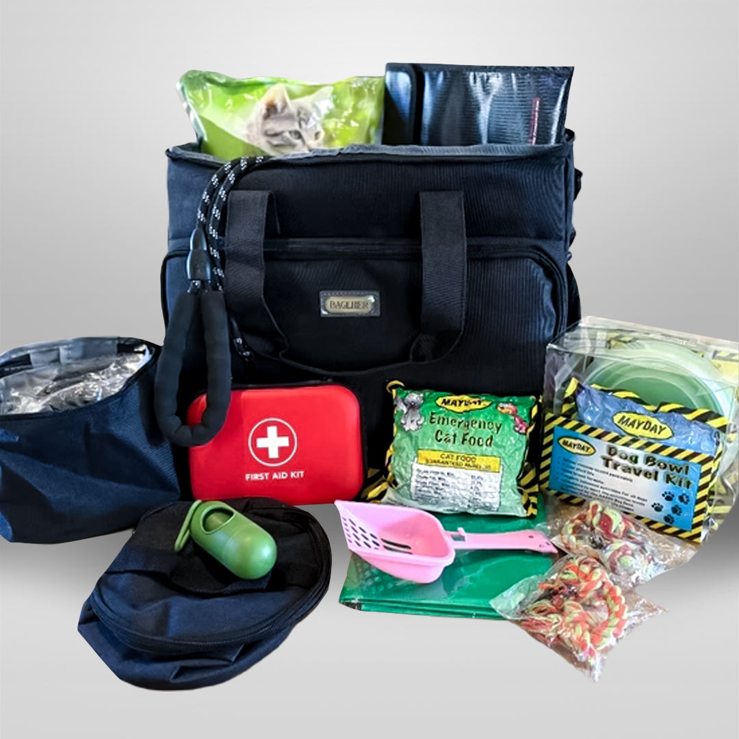Gray background image of Entropy Survival's Safe Pet Kit, an emergency preparedness kit designed for pet safety during disasters.