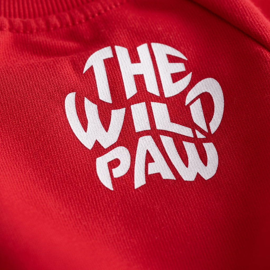 Close-up of The Wild Paw Arctic Sweatshirt logo on a cozy pet sweatshirt, showcasing the brand's design and fabric texture.