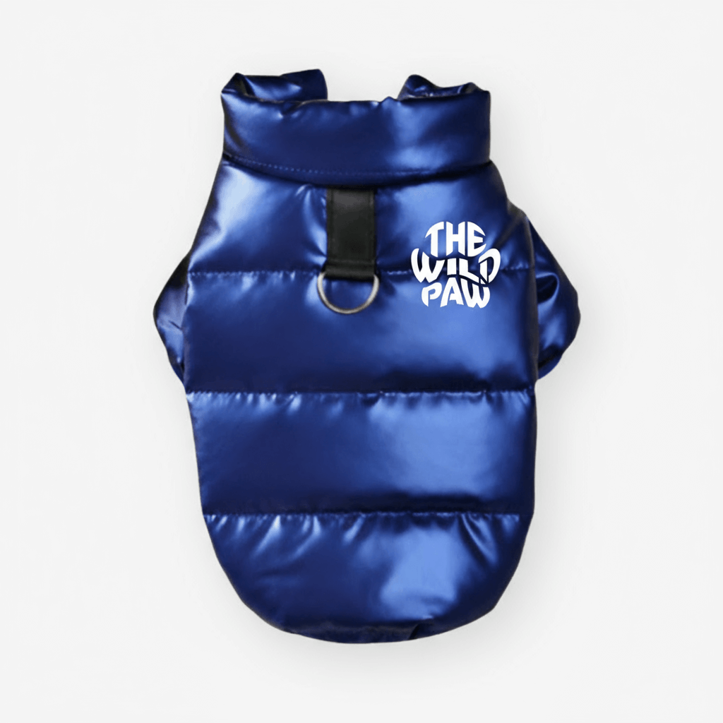 Blue metallic Expedition Pro Puffer Jacket by The Wild Paw, designed for pets, featuring a shiny, insulated pet vest.