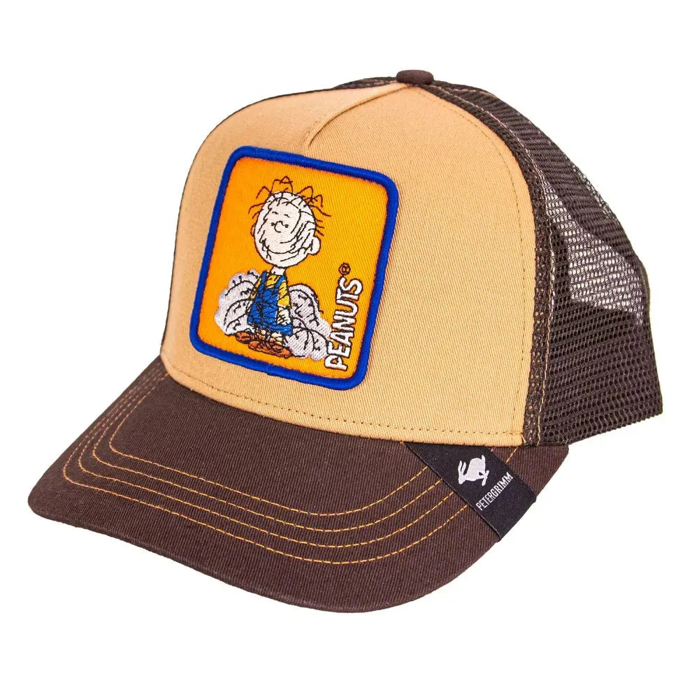 Brown Peter Grimm Peanuts Pig Pen trucker cap with mesh back and adjustable strap, featuring a Peanuts Pig Pen character design.
