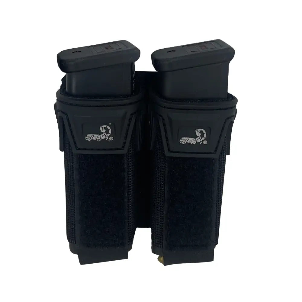 Black Pincer Pistol Double Pouch by HCC Tactical with two magazine compartments, front view showcasing durable nylon construction.