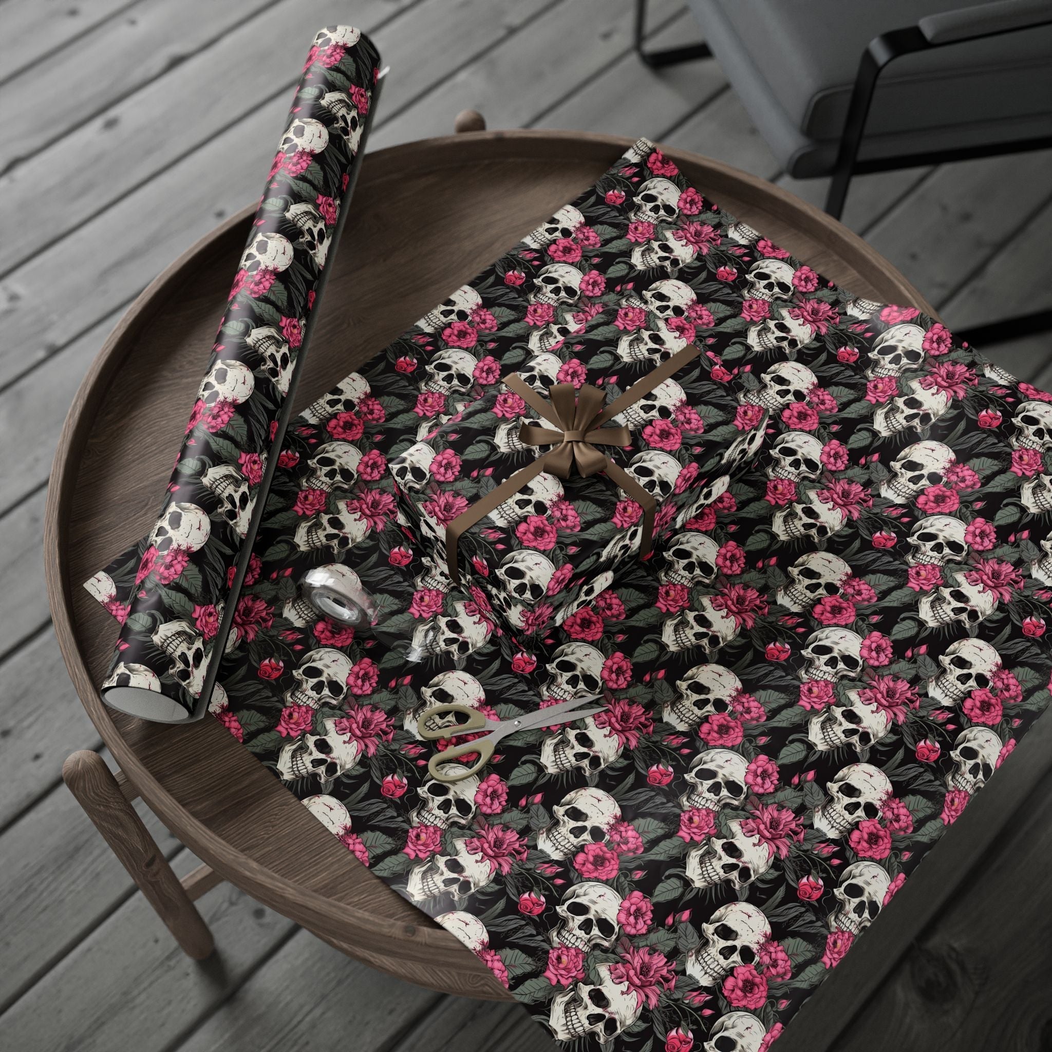 Pink Flowers and Skulls Gift Wrap