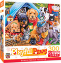 Playful Paws Camping Buddies 300-piece EZ Grip jigsaw puzzle by Masterpieces Puzzles, featuring playful pets and camping scene.
