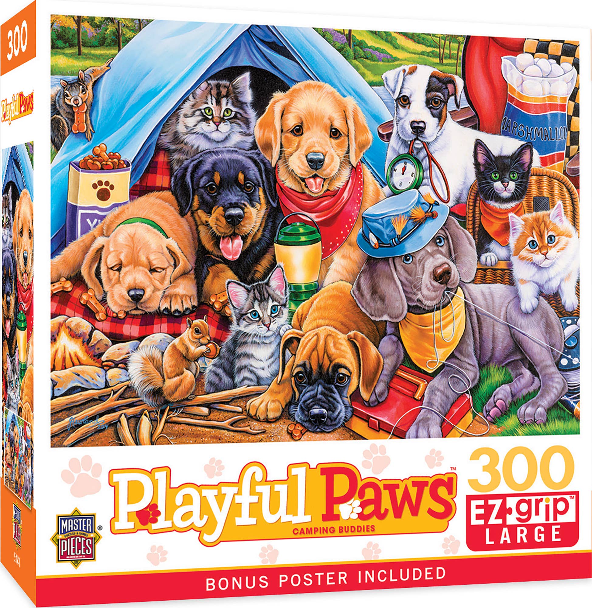 Playful Paws Camping Buddies 300-piece EZ Grip jigsaw puzzle by Masterpieces Puzzles, featuring playful pets and camping scene.