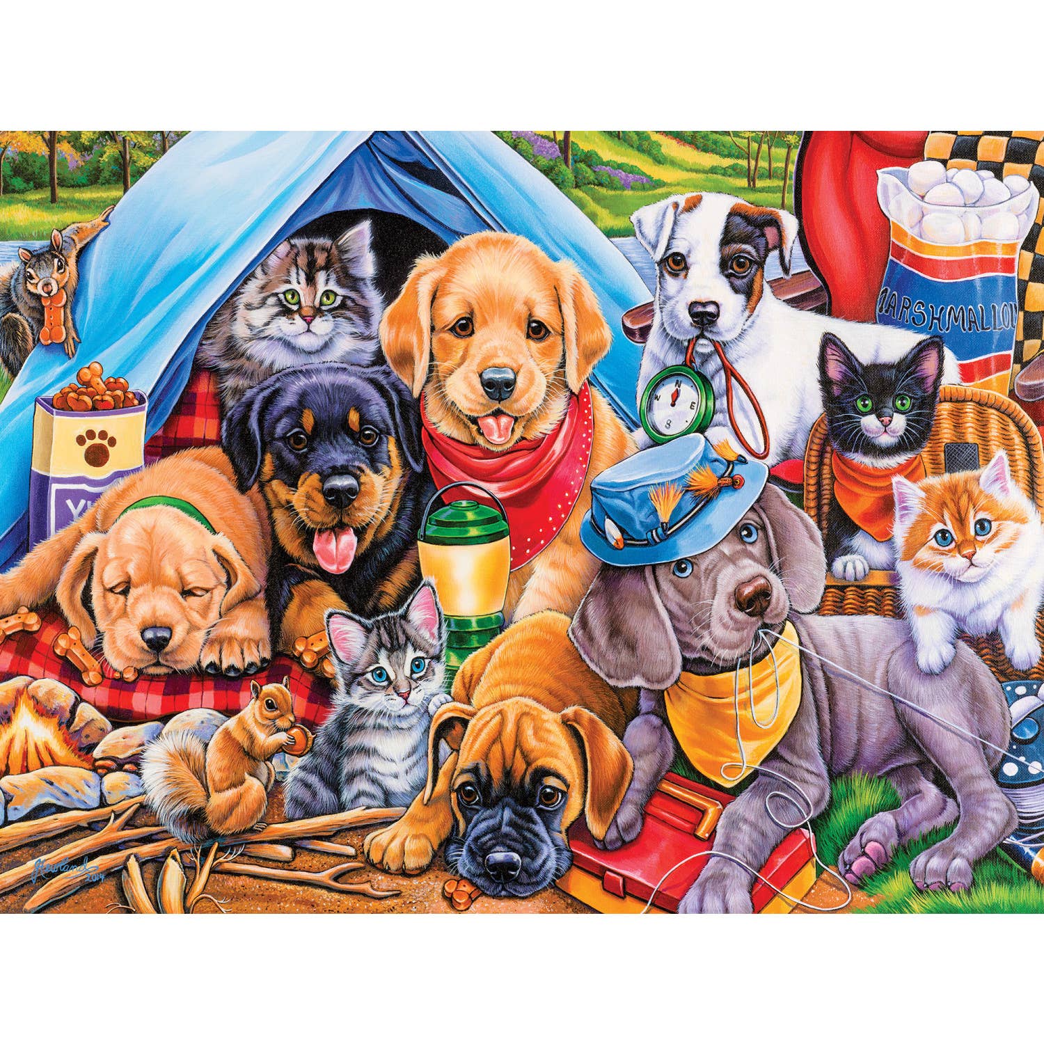 Playful Paws Camping Buddies 300-piece EZ Grip jigsaw puzzle by Masterpieces Puzzles featuring playful animals in outdoor camping scene.