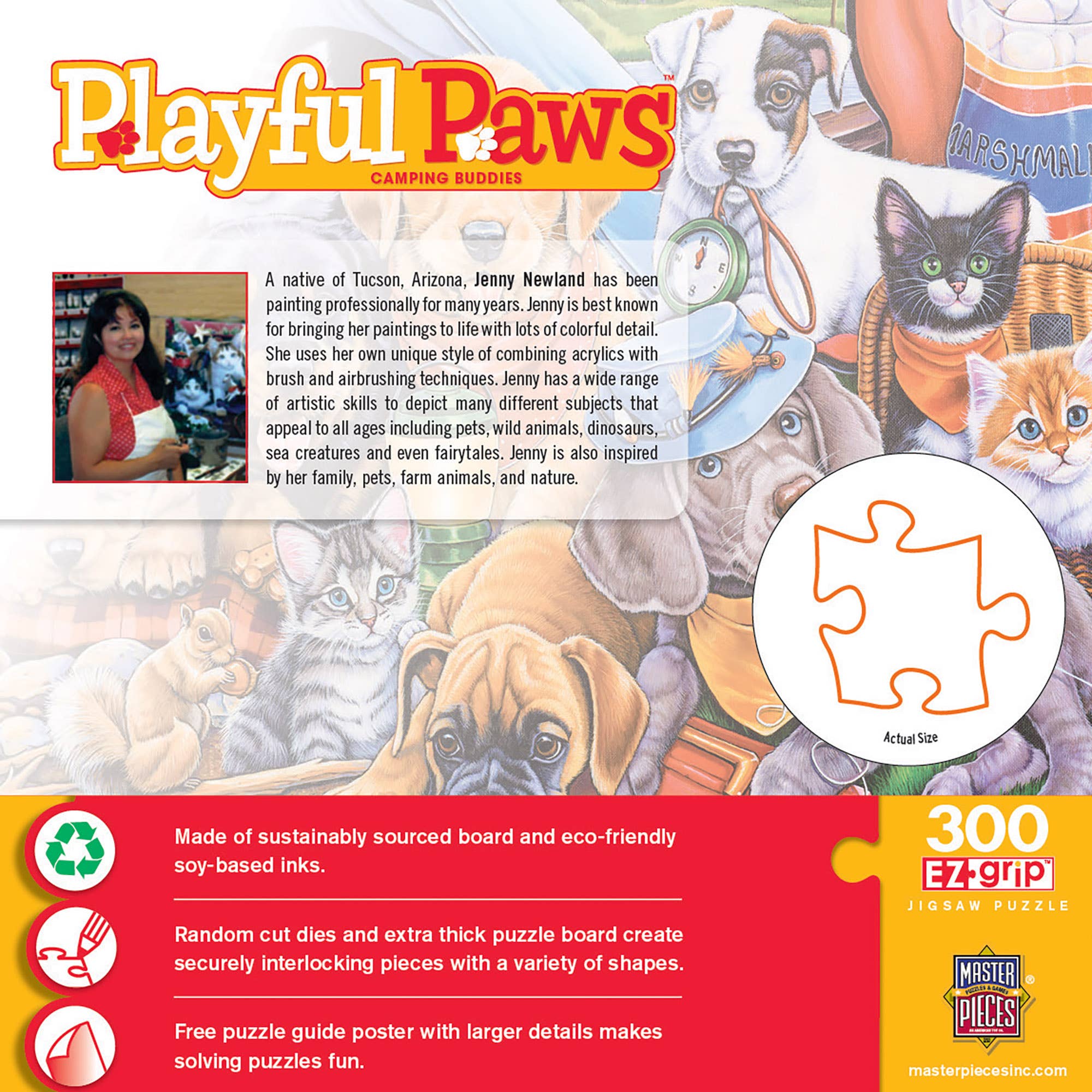 Playful Paws Camping Buddies 300-piece EZ Grip jigsaw puzzle by Masterpieces Puzzles featuring playful dogs camping scene.