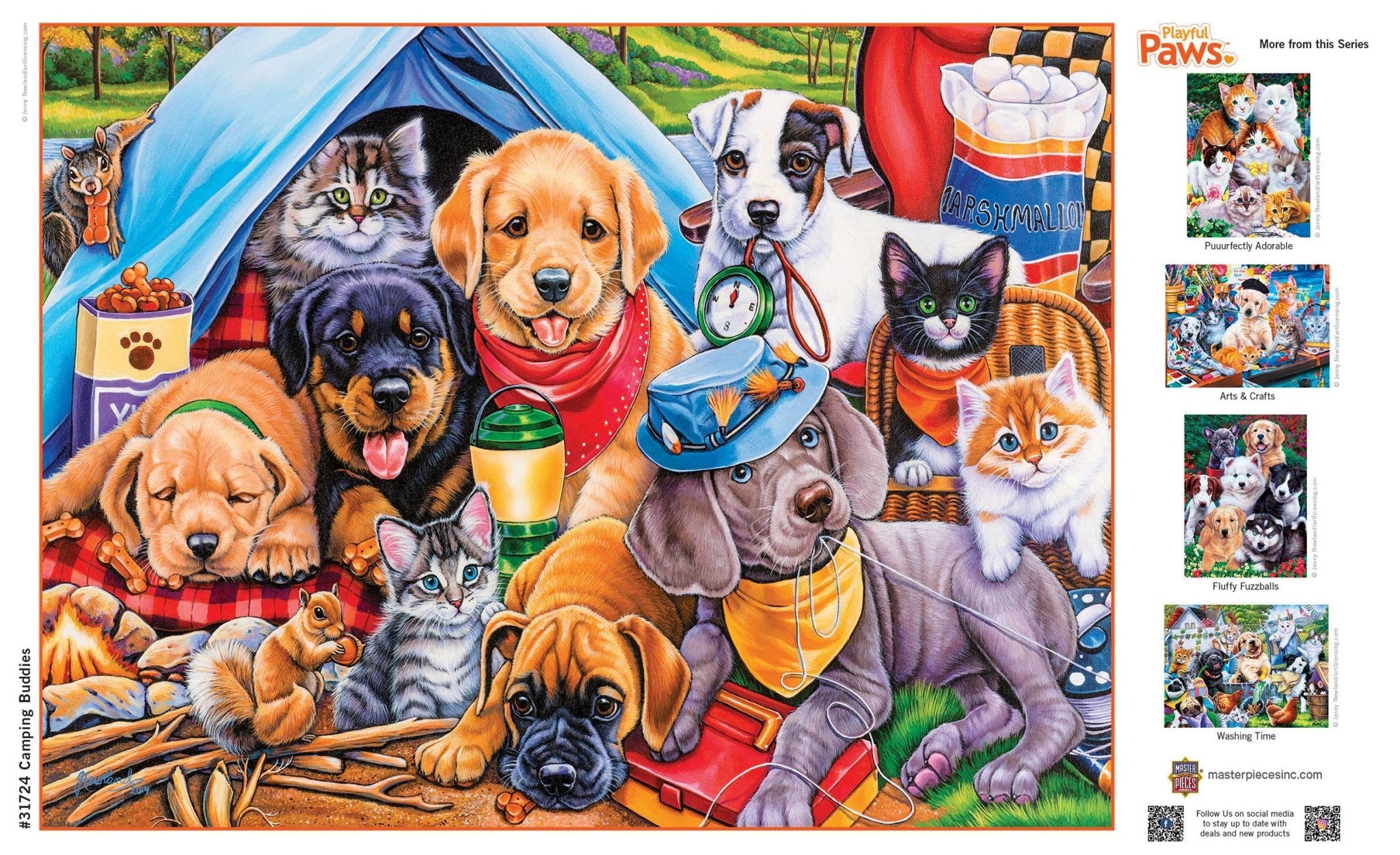Playful Paws Camping Buddies 300-piece EZ Grip jigsaw puzzle by Masterpieces Puzzles featuring playful dogs in outdoor camping scenes.