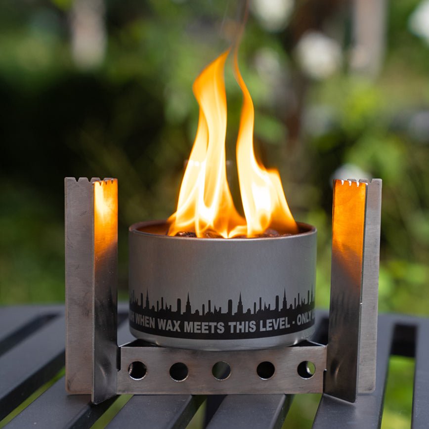 City Bonfires portable camp stove with stand, designed for outdoor cooking and camping adventures.