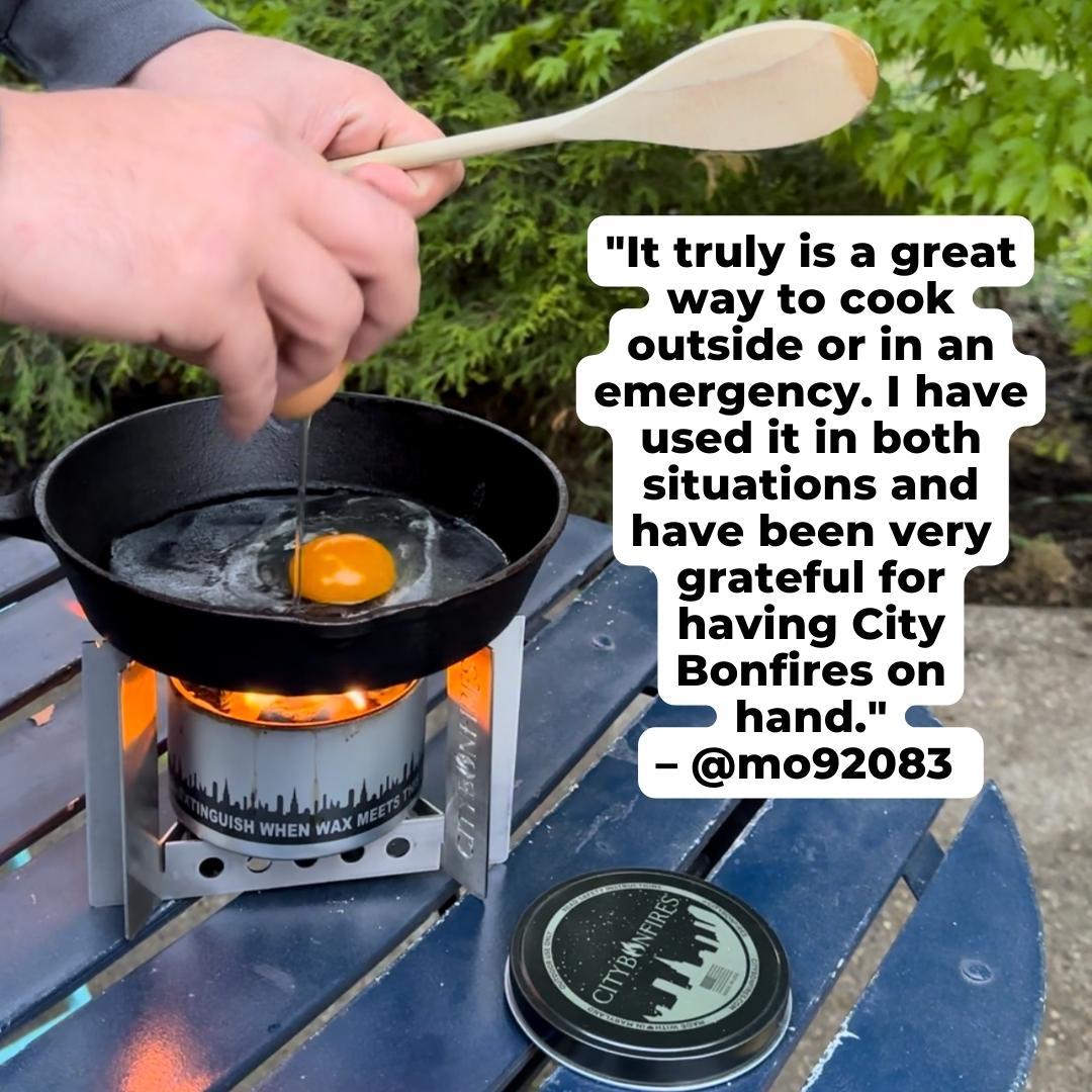 City Bonfires portable camp stove with stand, featuring a compact design for outdoor cooking and camping adventures.