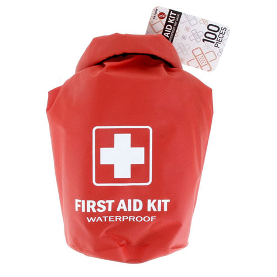Red waterproof dry bag with all-purpose first aid kit, portable emergency medical supplies in a durable, waterproof container.