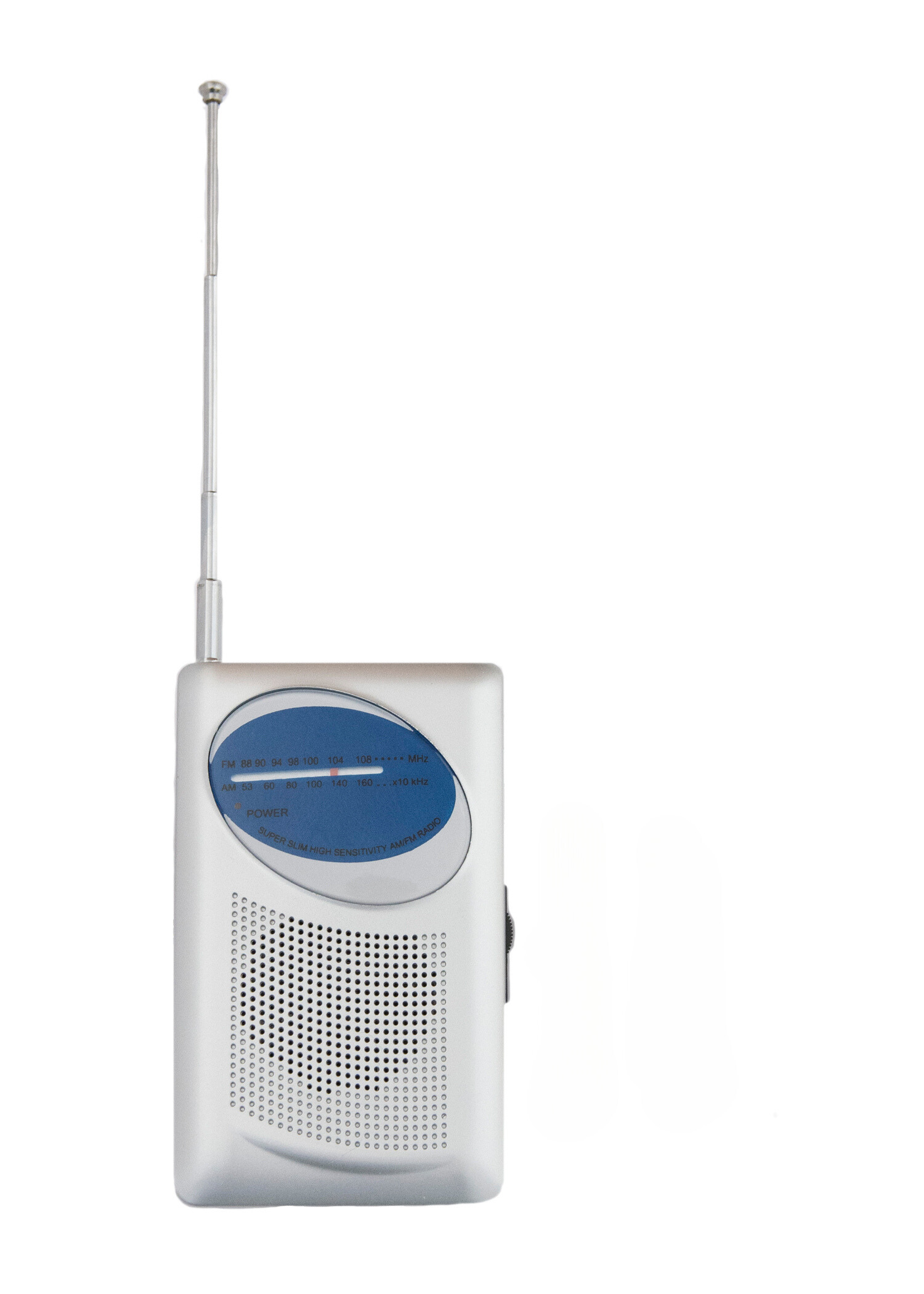 Portable AM/FM handheld radio with manual tuner, battery-powered emergency radio for light communication and outdoor use.